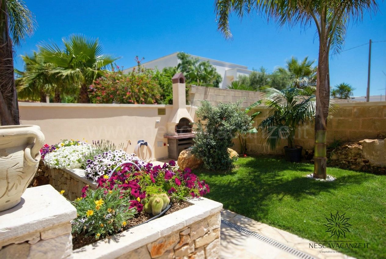 Casa Dune - giardino con prato verde, fioriere colorate, palma, ulivo e barbecue in muratura