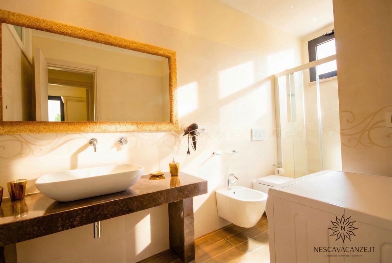 Casa Dune - bagno con lavabo su ripiano scuro, specchio dorato, doccia, bidet e lavatrice