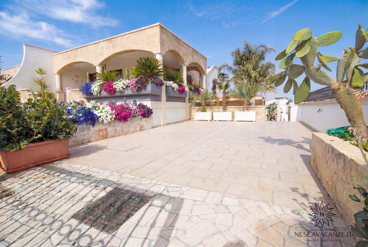 Casa Pescoluse 3 - ampia terrazza soleggiata in pietra con fioriere di petunie colorate, veranda ad archi e palme