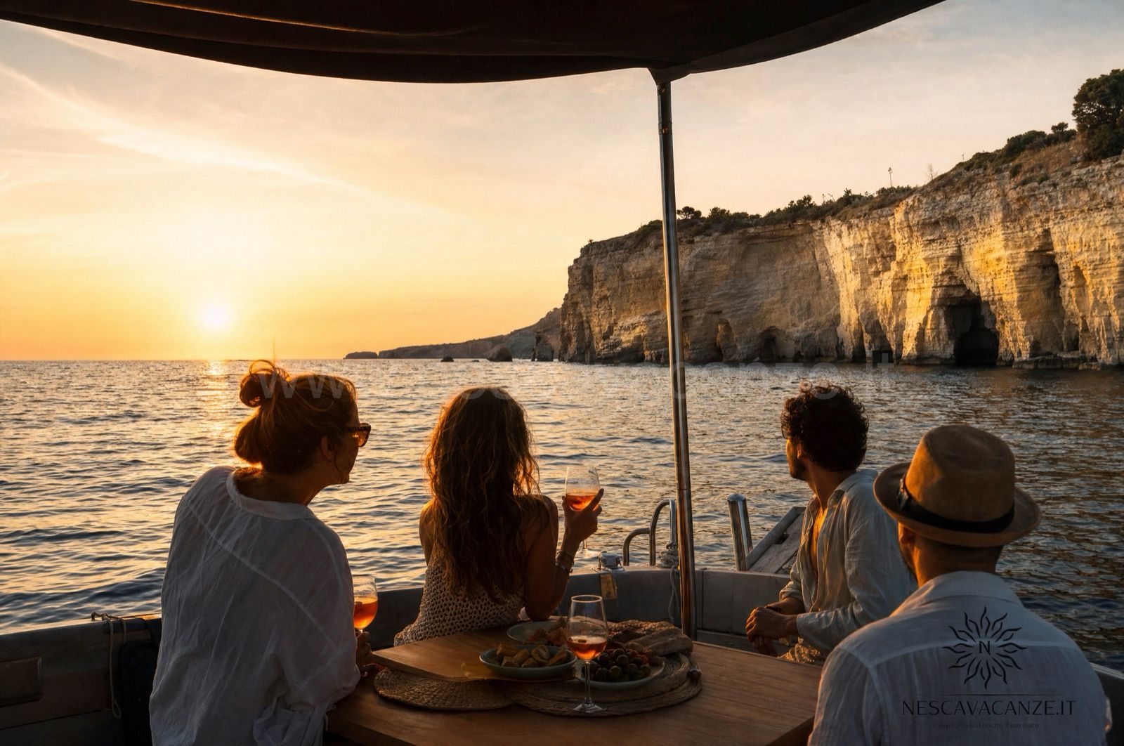 Escursione in barca al tramonto lungo la costa del Salento, con la luce dorata sul mare
