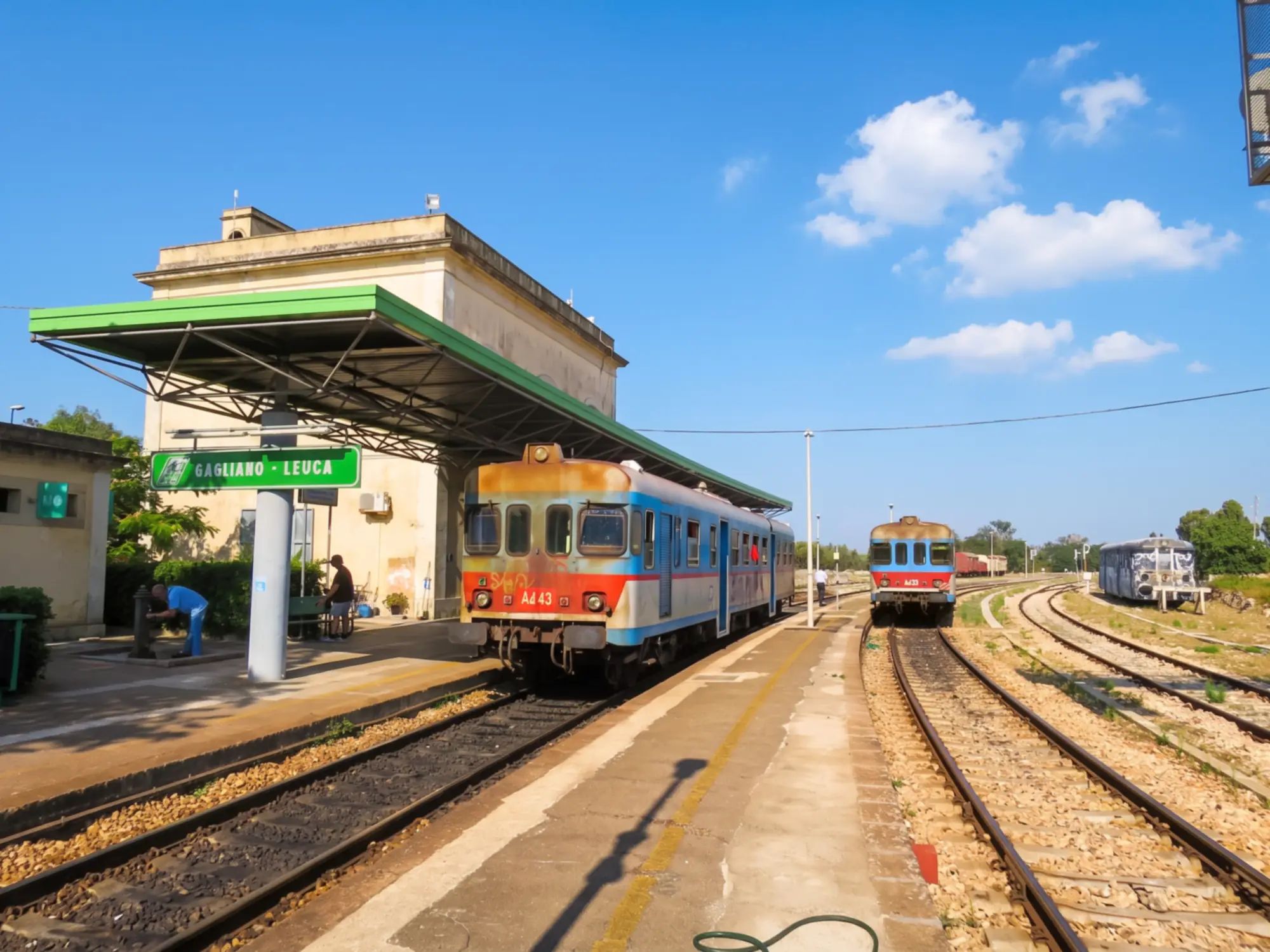 La stazione di Gagliano-Leuca delle Ferrovie del Sud Est, con due automotrici ferme ai binari