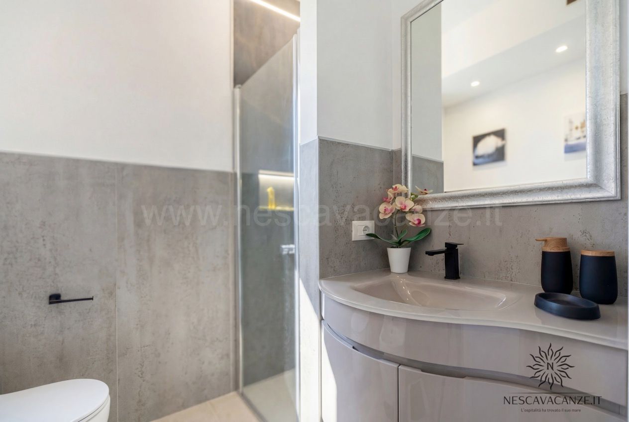 Casa Pescoluse 1 - bagno con piastrelle grigie, doccia, lavabo curvo e specchio
