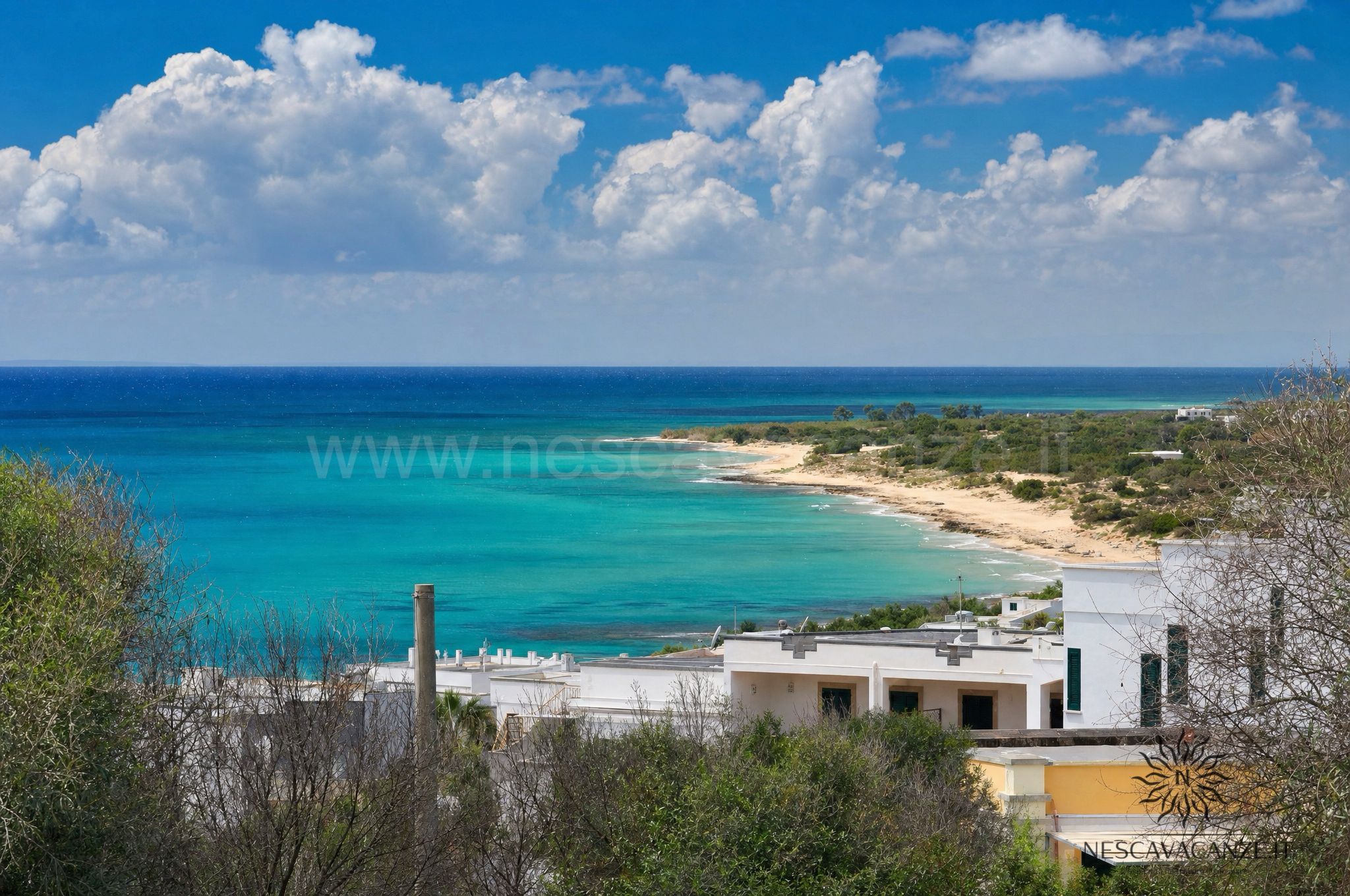 Panorama dall'alto sulla baia sabbiosa e il mare turchese di Torre Vado