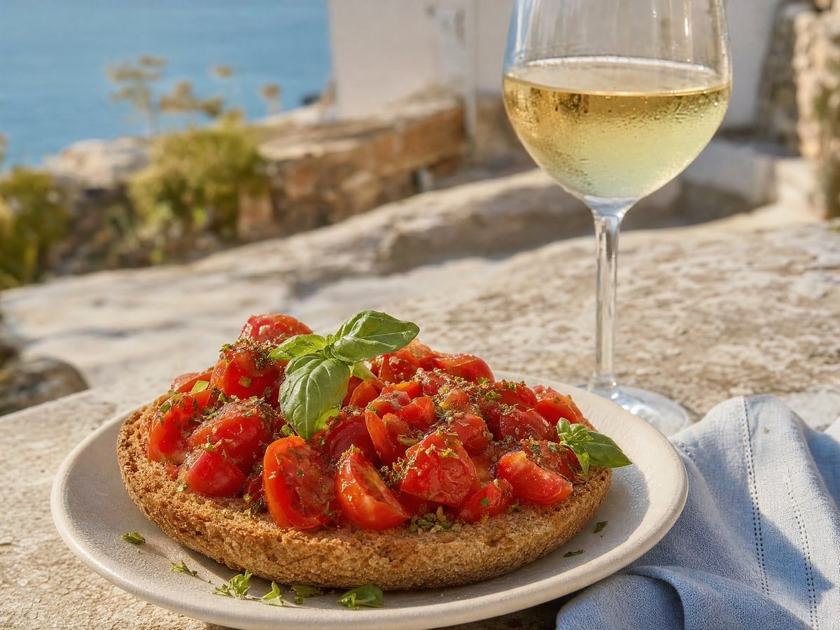 Frisa pugliese con pomodorini e basilico accanto a un calice di vino, pranzo salentino