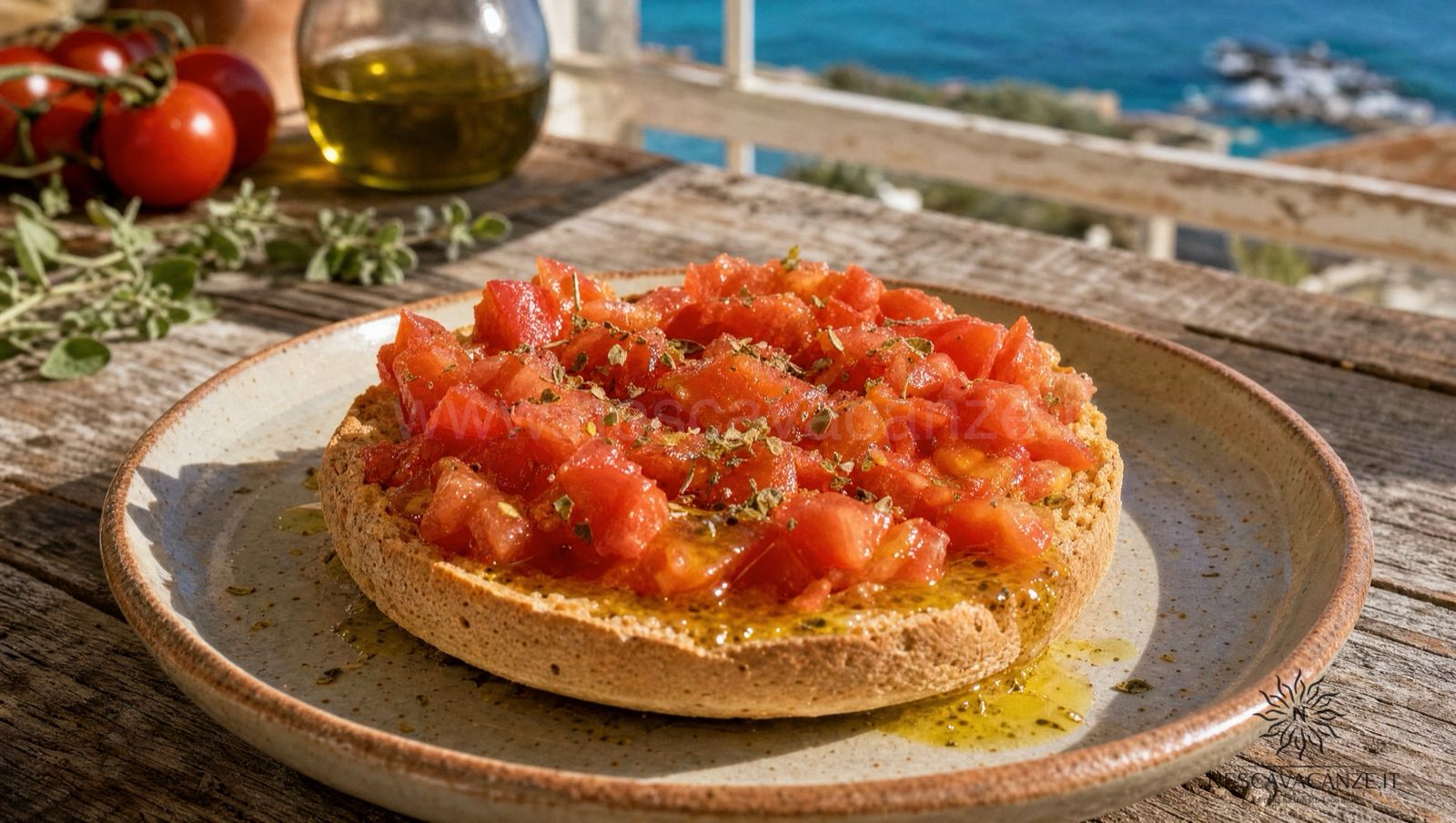 Frisa salentina condita con pomodoro fresco, origano e olio extravergine, uno dei piatti dei banchi delle sagre