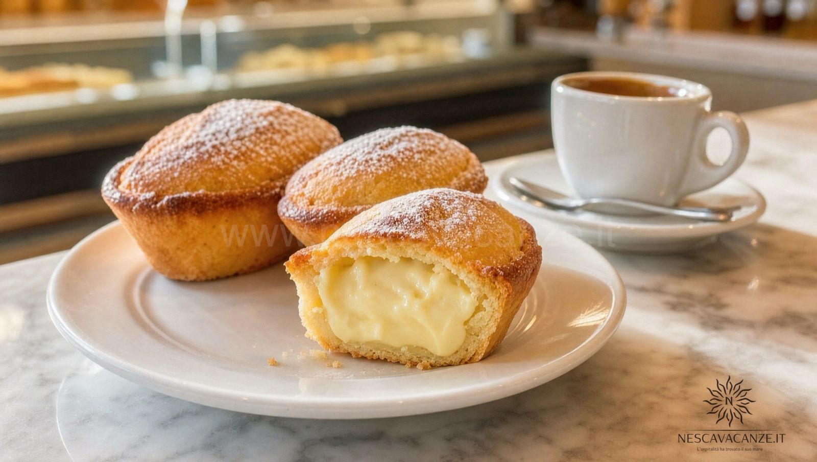 Pasticciotti leccesi appena sfornati con cuore di crema pasticcera, uno tagliato a metà, accanto a un caffè espresso sul bancone di marmo del bar