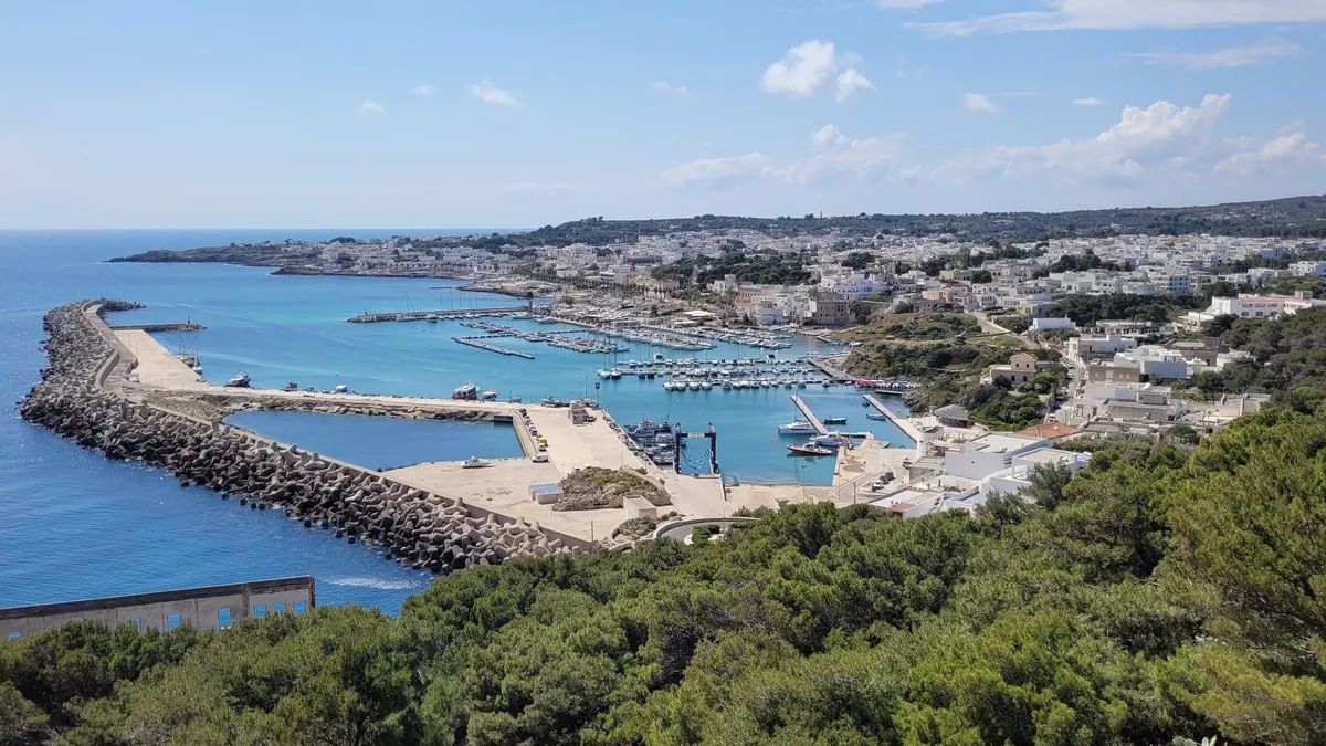 Santa Maria di Leuca e il suo porto visti dall'alto, con il mare blu e il paese bianco tra la macchia
