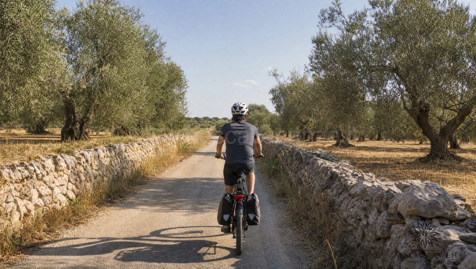 Cicloturista in e-bike lungo una strada di campagna pianeggiante tra muretti a secco e uliveti del basso Salento