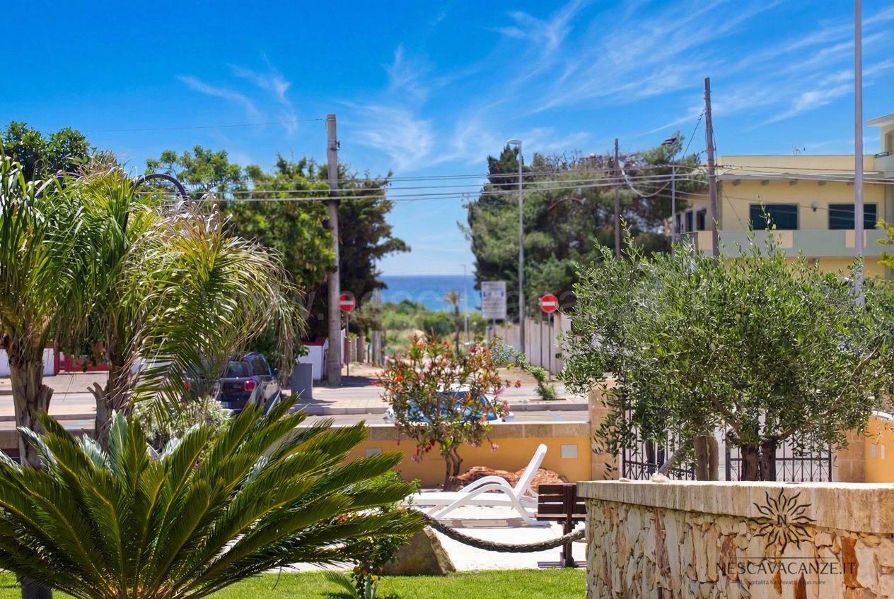 Casa Pescoluse 8 - Vista dal giardino verso il mare tra palme e ulivi, con lettino e amaca