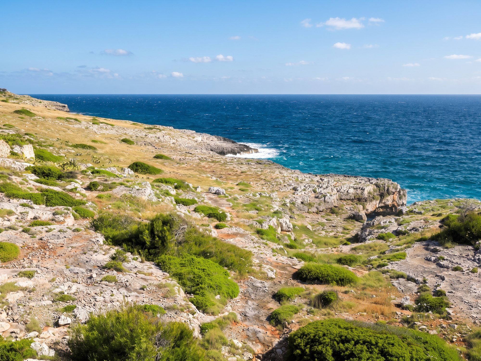 La costa bassa di roccia e macchia verso Punta Ristola, a est di Felloniche, sul mare blu
