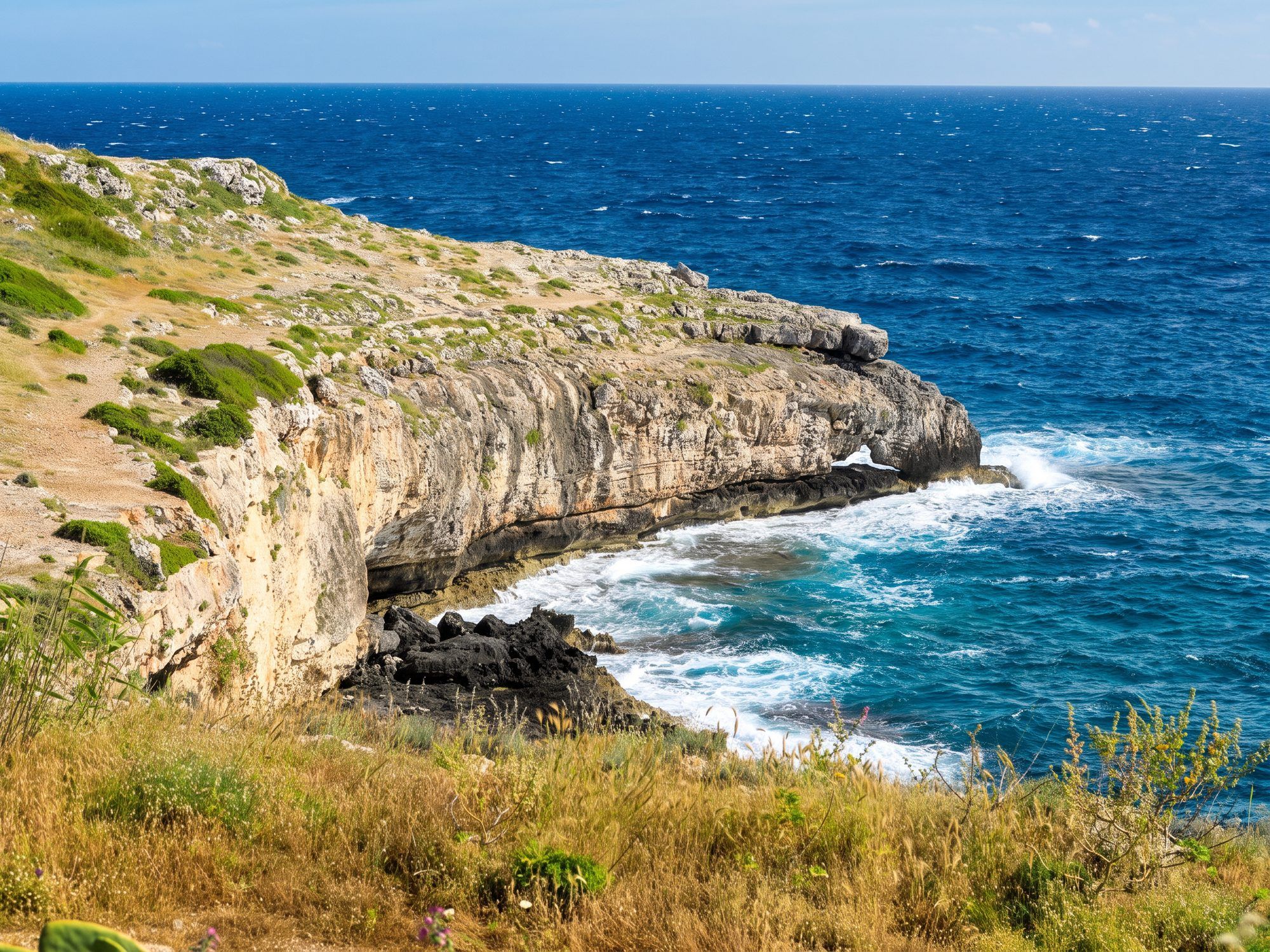 Scogliera di roccia chiara e macchia bassa sul mare blu, verso Punta Ristola