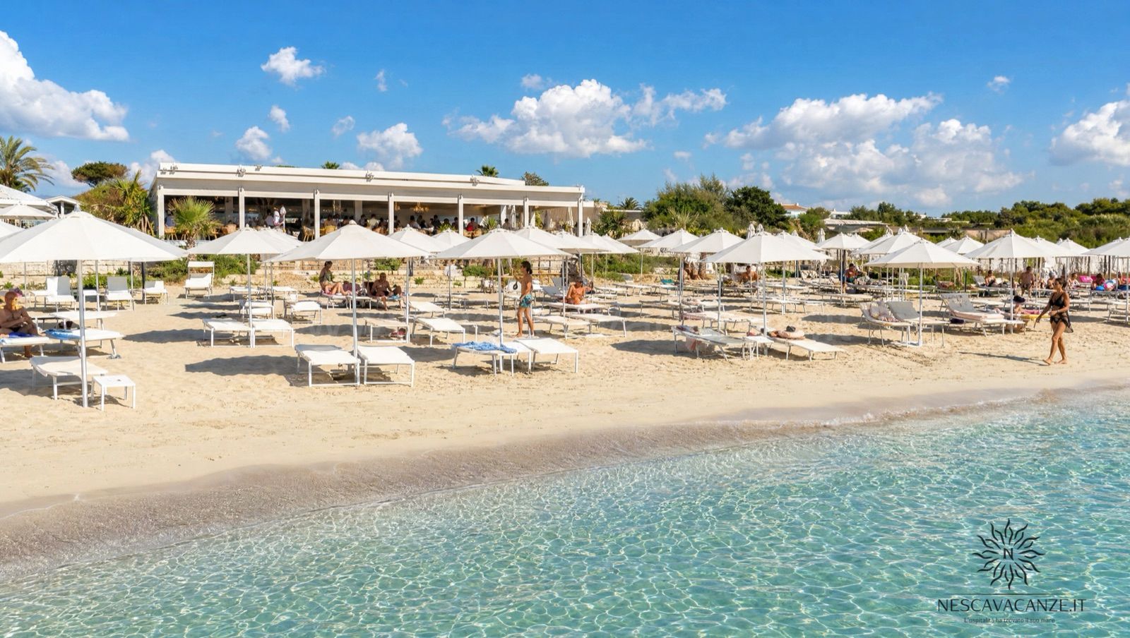 Lido attrezzato di Pescoluse con file ordinate di ombrelloni bianchi e lettini sulla sabbia chiara davanti al mare turchese, con il bar sullo sfondo