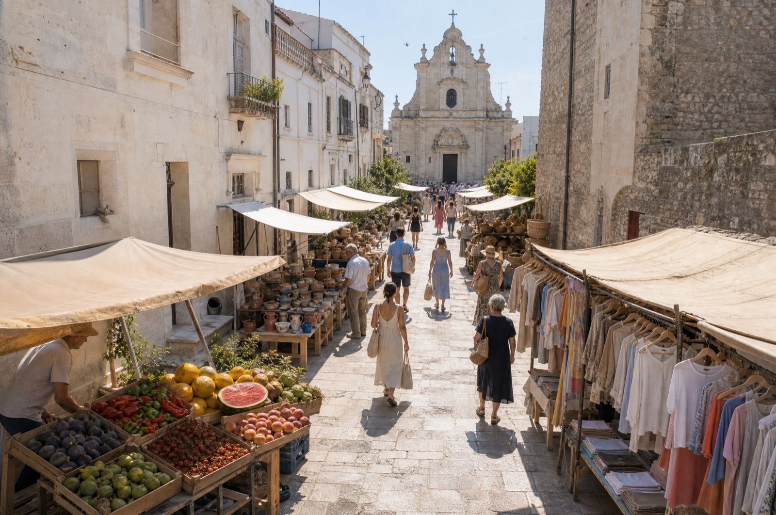Una via di un paese del Salento con i banchi del mercato settimanale sotto le tende: frutta e verdura, ceramiche, cesti di vimini e vestiti, e in fondo la facciata barocca della chiesa