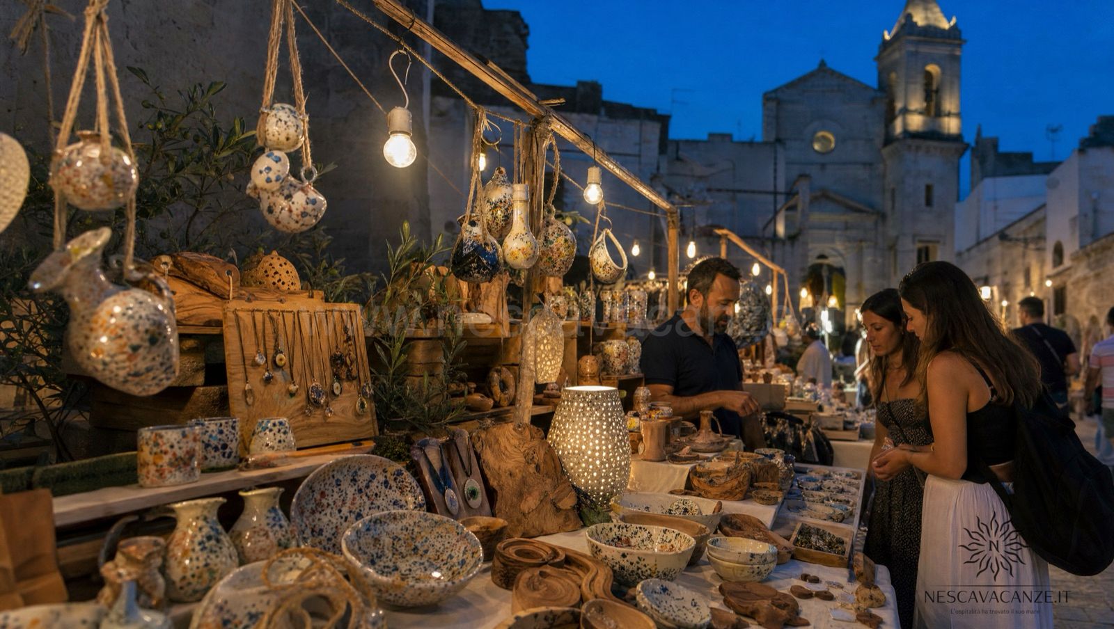 Bancarella del mercatino serale dell'artigianato illuminata da luci calde, con ceramiche dipinte e oggetti in legno d'ulivo, come al Parco dei Gigli di Pescoluse