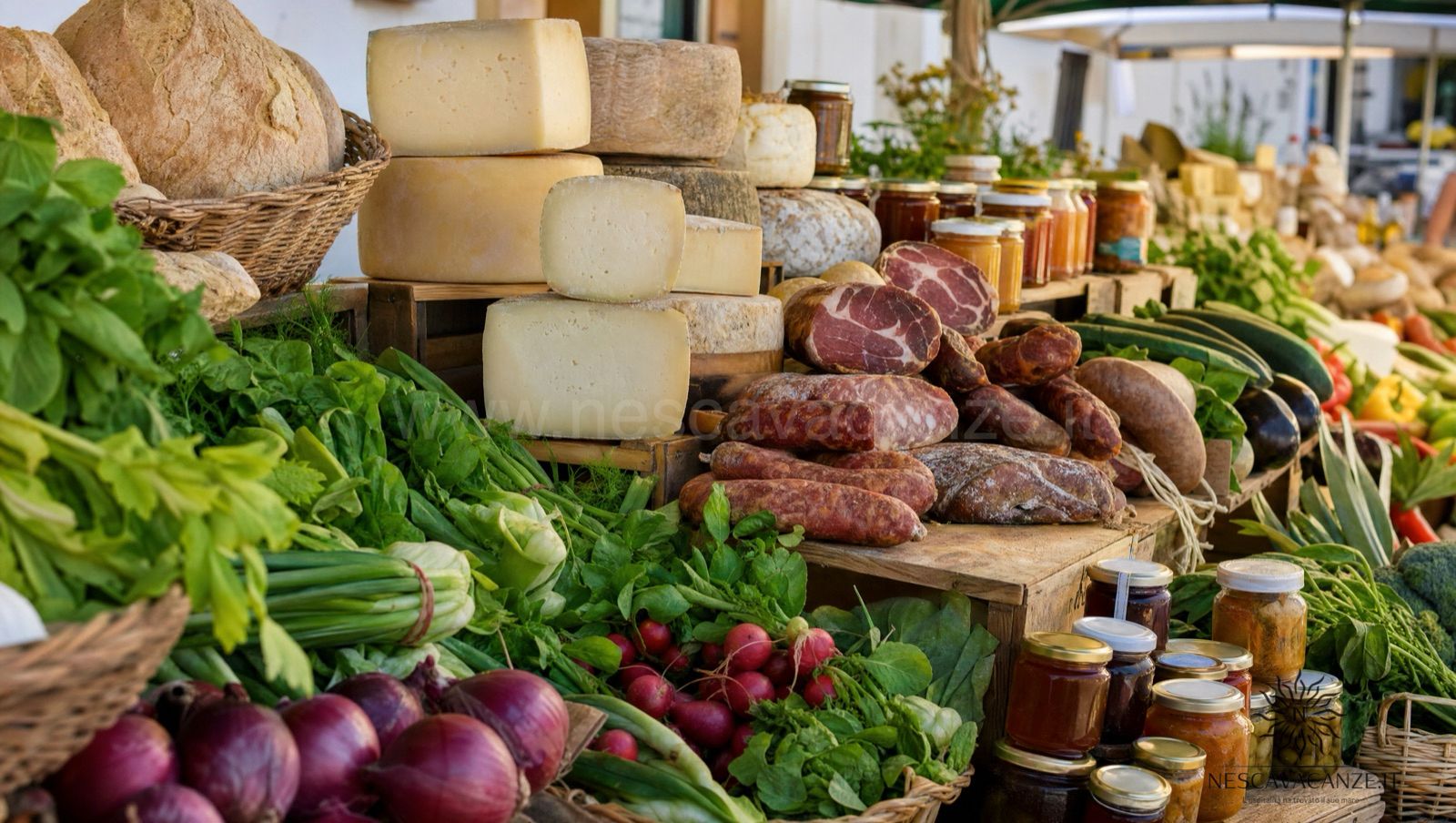 Banco di un mercato a chilometro zero con verdure fresche, formaggi e conserve, come quello di Campagna Amica del giovedì sera a Torre Vado
