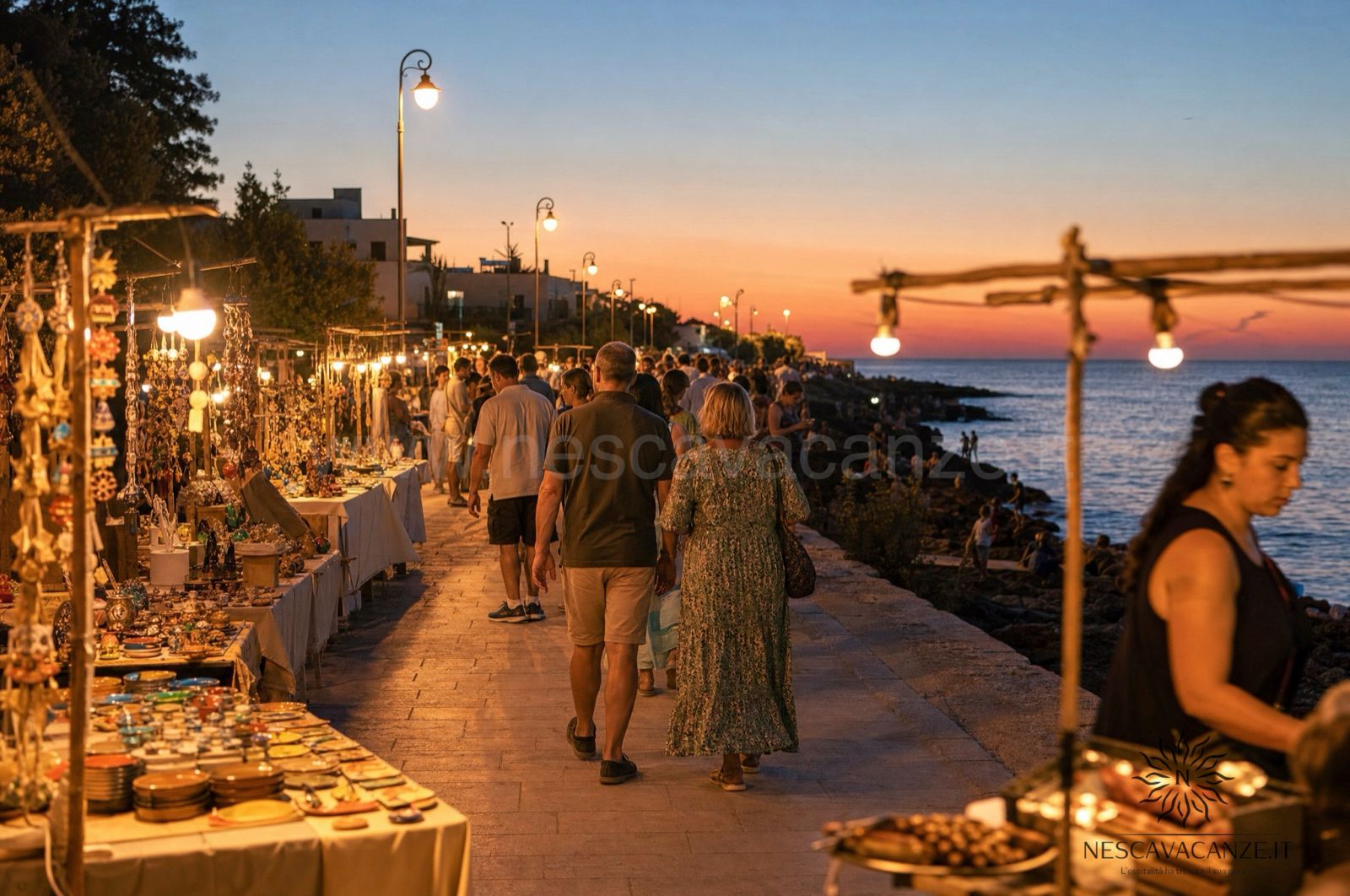 Mercatino serale estivo dell'artigianato e dello street food sul lungomare del Salento, illuminato di sera