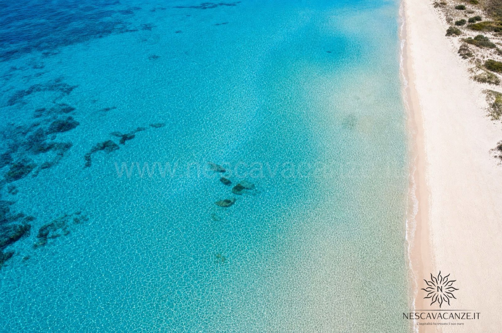 Veduta aerea della spiaggia di sabbia bianca, delle dune e del mare turchese trasparente della costa ionica salentina