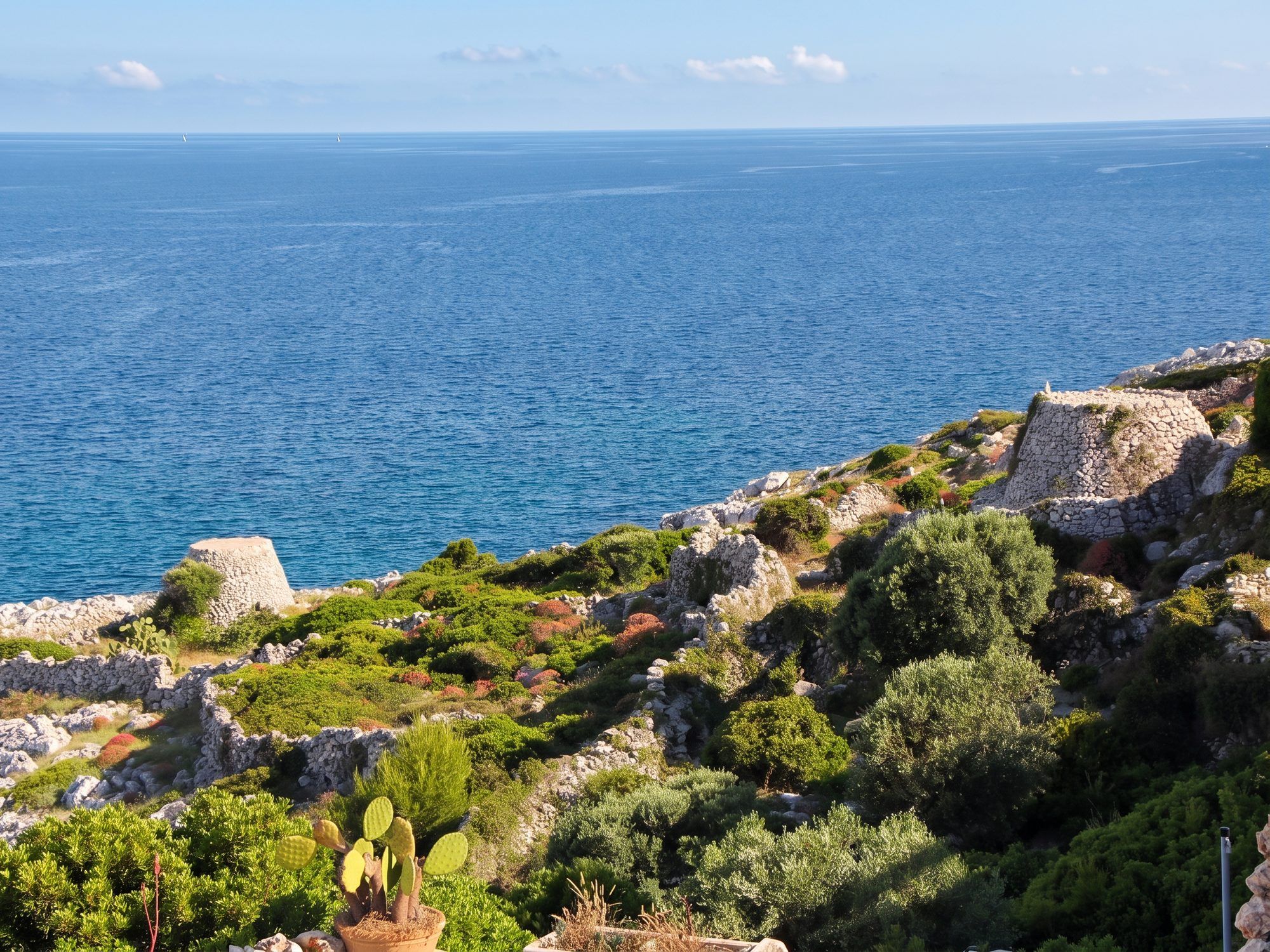 Due pajare di pietra a secco tra la macchia verde, sul pianoro sopra l'Adriatico a sud di Novaglie