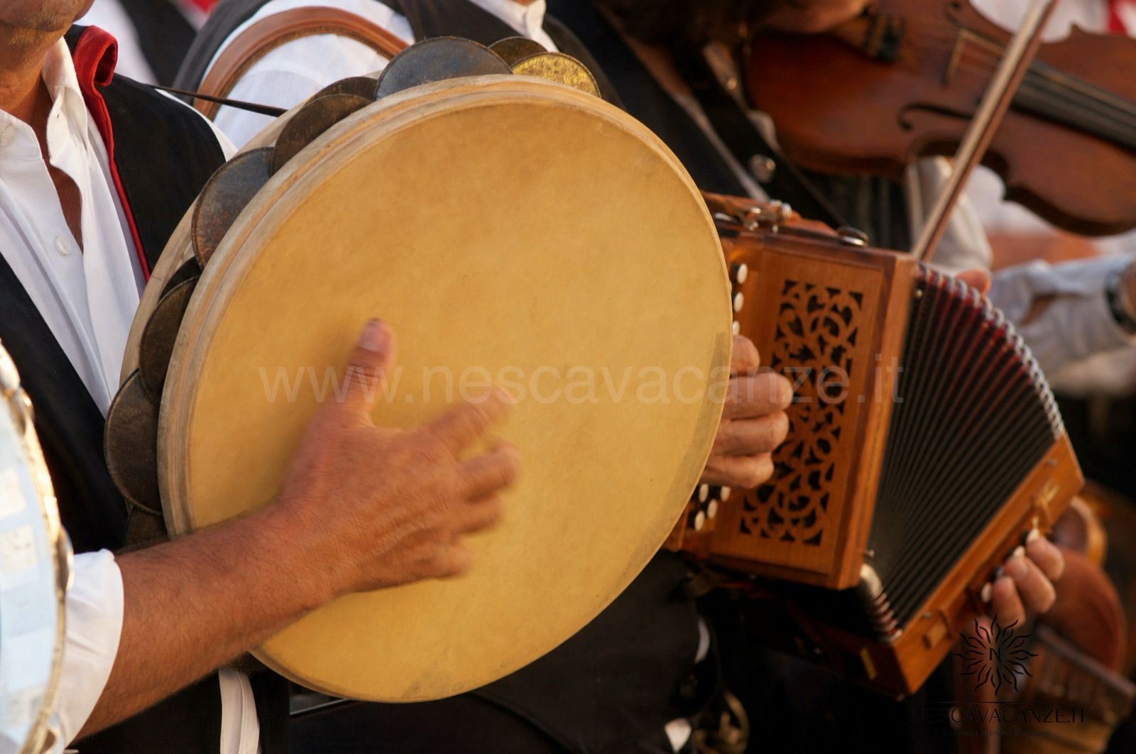 Tamburello, organetto e violino, gli strumenti tradizionali della pizzica salentina, suonati durante una festa