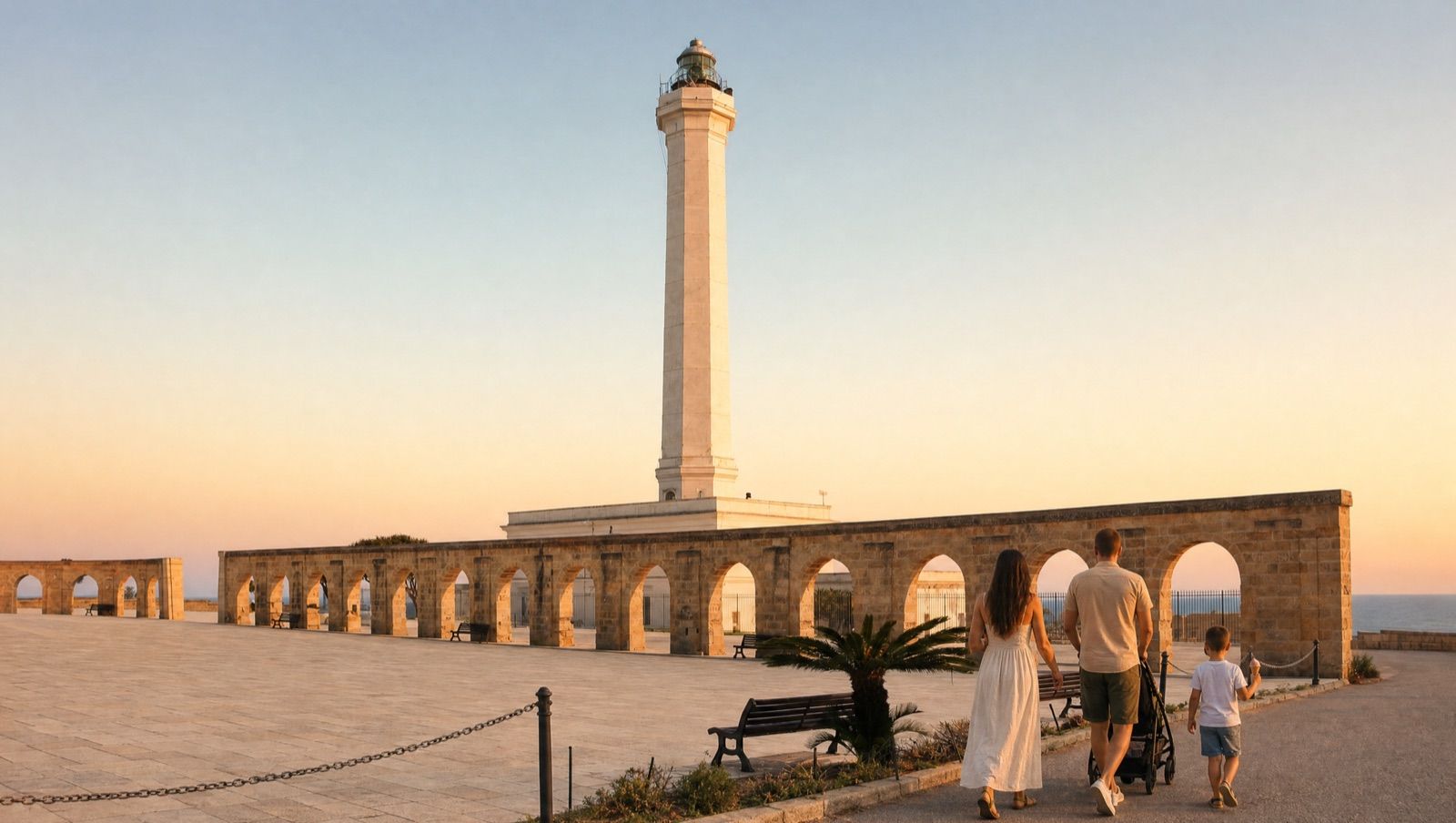 Una famiglia con passeggino e un bambino con il gelato attraversa al tramonto il piazzale di Punta Meliso verso il faro di Santa Maria di Leuca e il colonnato in pietra