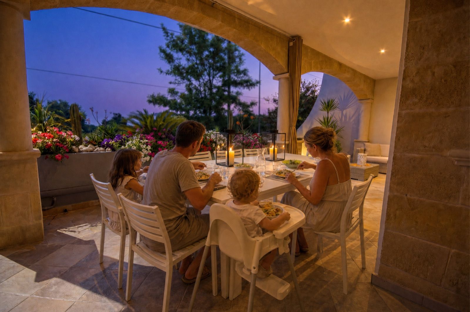 Una famiglia cena al tramonto nella veranda ad archi di Casa Pescoluse 1, con il bambino più piccolo sul seggiolone e le lanterne accese