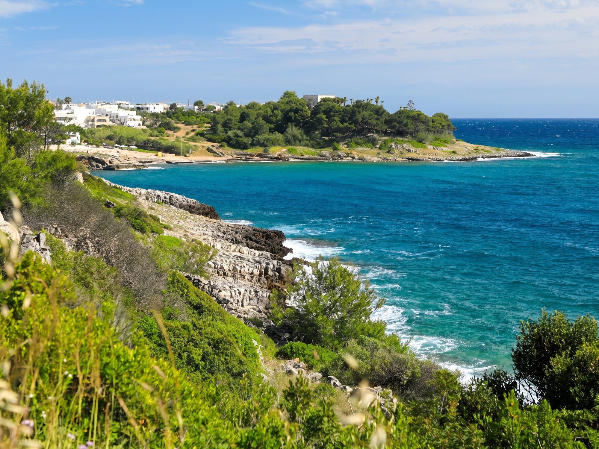Il promontorio di San Gregorio con le case tra il verde, visto dalla litoranea, e il mare blu intorno