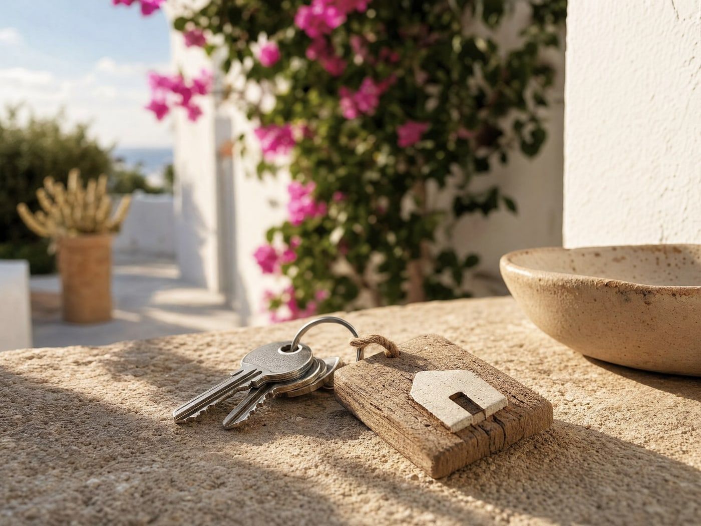 Le chiavi di una casa vacanza di Nescavacanze su un tavolo in pietra al sole, consegnate di persona.