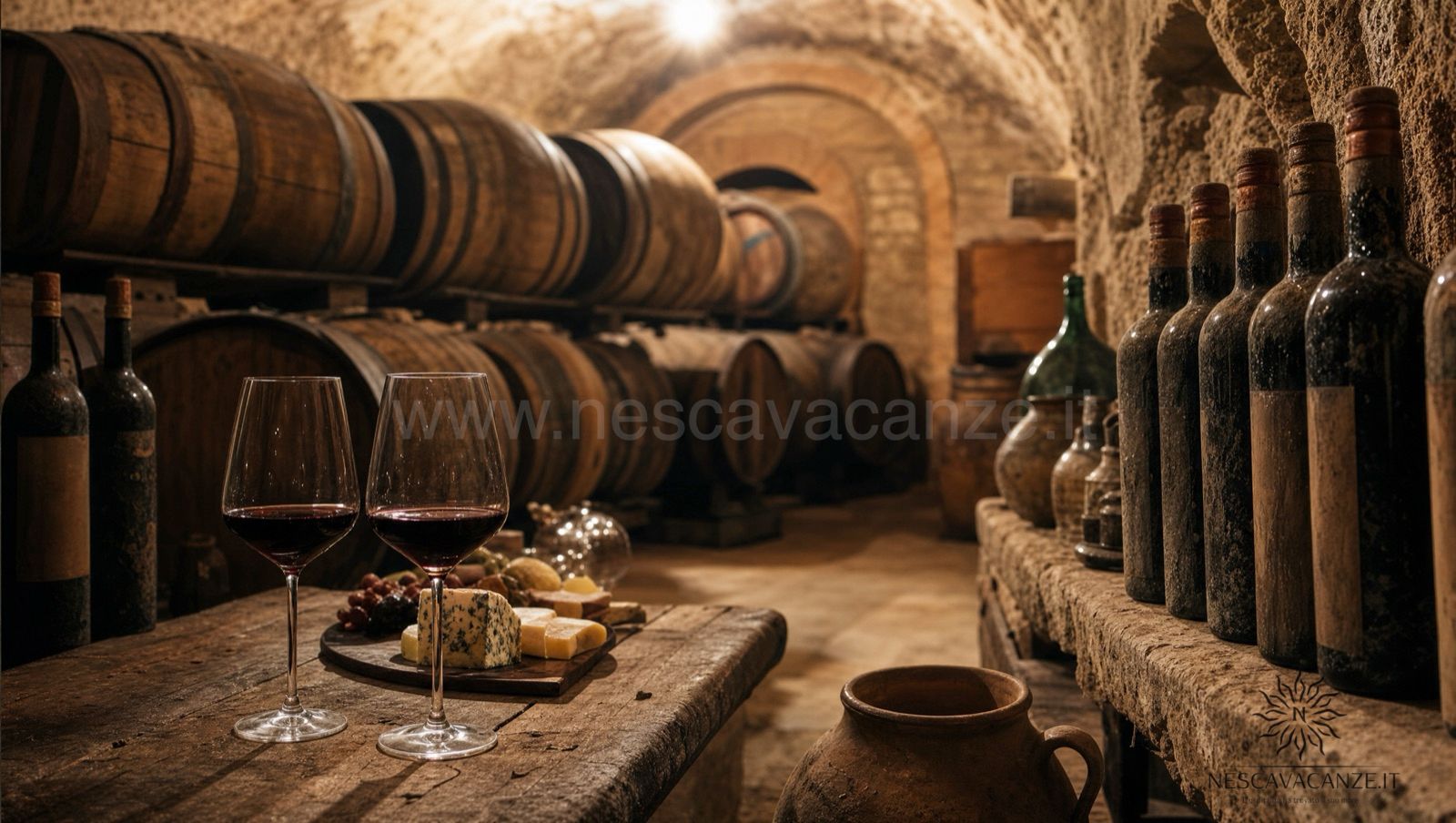 Cantina tradizionale del Salento con botti di legno e bottiglie, due calici di vino rosso su un tavolo rustico, durante una degustazione