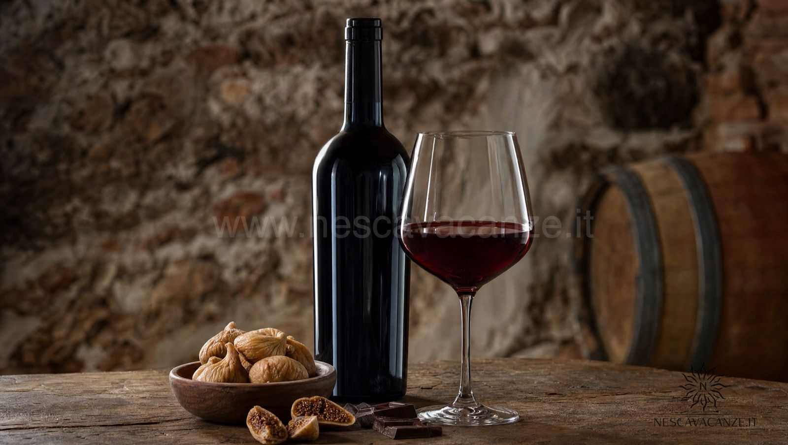 Bottiglia e calice di Primitivo di Manduria, vino rosso rubino intenso, su un tavolo di legno con fichi secchi e cioccolato fondente, parete in pietra di una cantina sullo sfondo