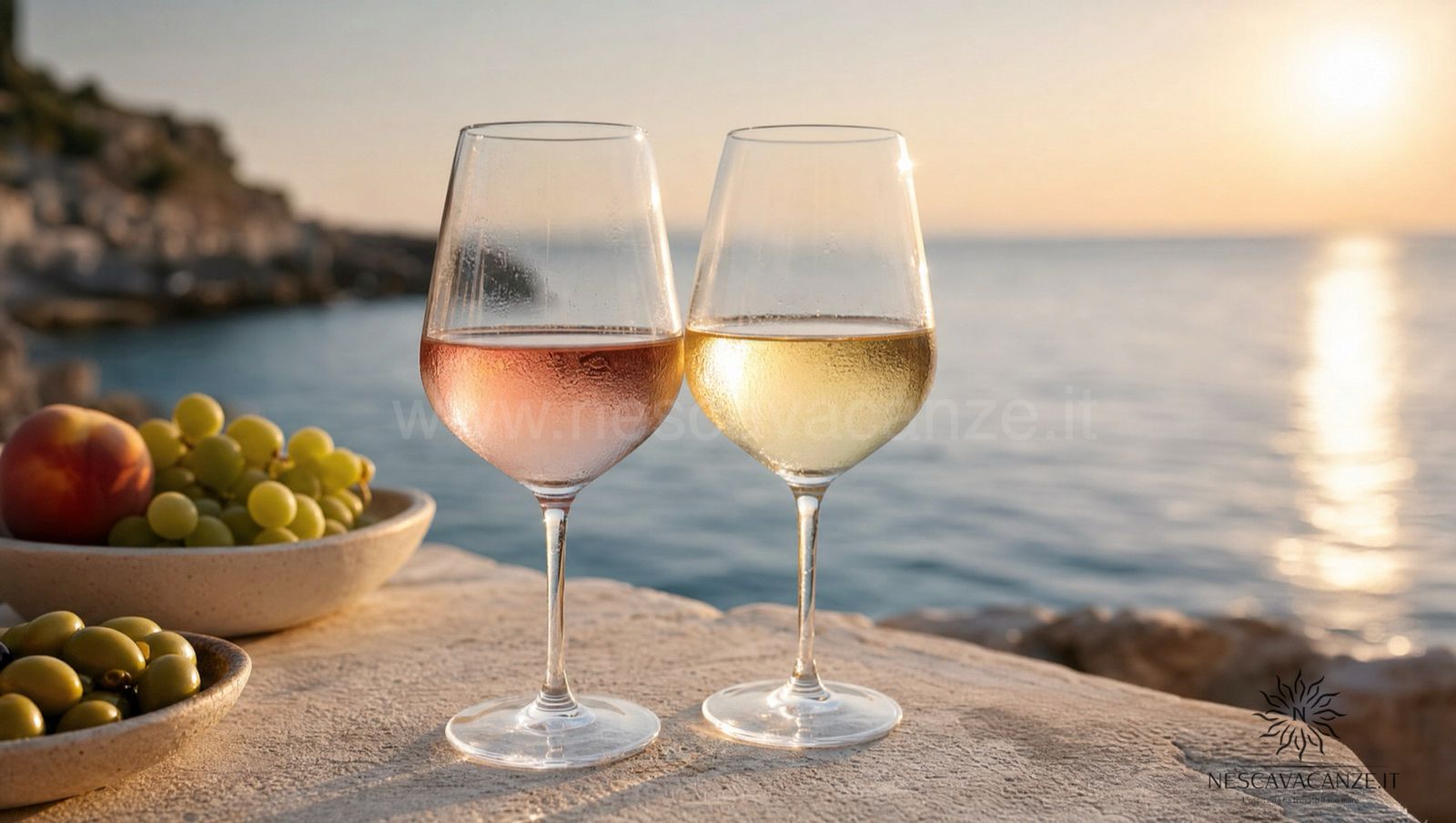 Due calici di vino salentino affiancati, un rosato rosa tenue e un bianco dorato, su un tavolo di pietra in riva al mare al tramonto