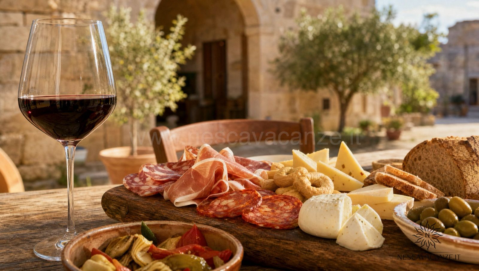 Calice di vino rosso accanto a un tagliere di formaggi, salumi, taralli e pane casereccio nel cortile di una masseria salentina